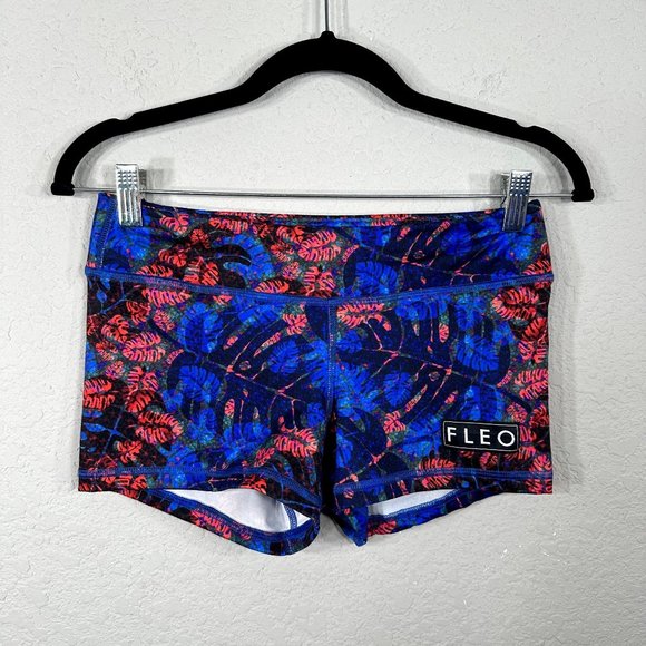 FLEO Red & Blue Tropical Leaf Print Workout Shorts - Picture 7 of 7